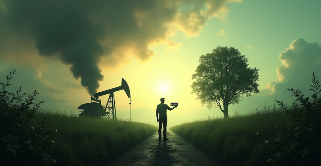 A powerful visual representation of the manipulation of the corporate carbon footprint concept. Depict a scene with two contrasting sides. On one side, a large oil rig belches black smoke into a polluted sky, symbolizing corporate emissions. On the other side, a single person stands amidst lush greenery, holding a small, symbolic carbon footprint calculator, representing individual responsibility. Emphasize the stark disparity in scale and impact between the two. The scene should have a dark, gritty aesthetic, reflecting the corporate greed and manipulation. Utilize a high-contrast lighting scheme, casting long shadows that highlight the starkness of the message. The overall mood should be somber and thought-provoking, encouraging viewers to question the true responsibility for climate change.