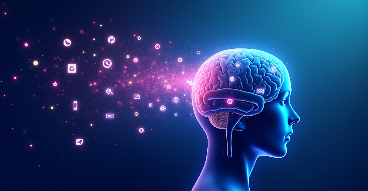A digital illustration depicting the complex interplay between the human brain, technology, and dopamine release. Imagine a stylized representation of a brain with glowing pathways highlighting the reward system. Superimposed on this, a stylized depiction of social media platforms, smartphones, and other addictive activities, represented as vibrant, glowing symbols. These symbols should radiate outward toward the brain, visually emphasizing the constant stream of dopamine-inducing stimuli. The background should feature a gradient of calming blue and purple hues, representing the potential for mental clarity and control. Use a clean, futuristic aesthetic to convey the impact of modern technology on our brains and the potential for self-regulation.