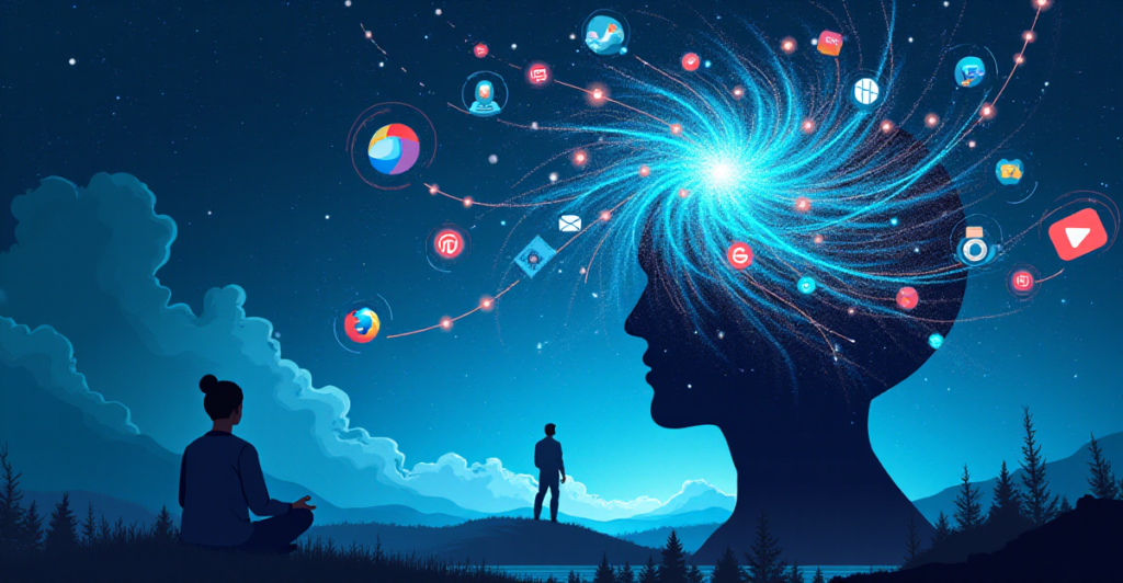 A stylized illustration depicting the concept of dopamine fasting using abstract visual elements. Imagine a human brain represented by a swirling, bioluminescent nebula, with various digital icons and notifications swirling around it. These icons, symbolizing social media, streaming services, and video games, are depicted as brightly colored, almost hypnotic, elements that emanate a constant stream of energy towards the brain. However, a calm, serene figure, perhaps a person meditating in nature or engaged in a creative pursuit like painting or writing, is positioned in the foreground, radiating a soft, calming light that contrasts with the digital overload. The scene is composed in a way that emphasizes the contrast between the overwhelming, dopamine-driven digital world and the potential for peace and fulfillment found in a more mindful, analog existence. The color palette should be predominantly cool tones, reflecting the calmness and serenity of dopamine fasting, with a touch of warm colors to emphasize the contrast with the digital world.