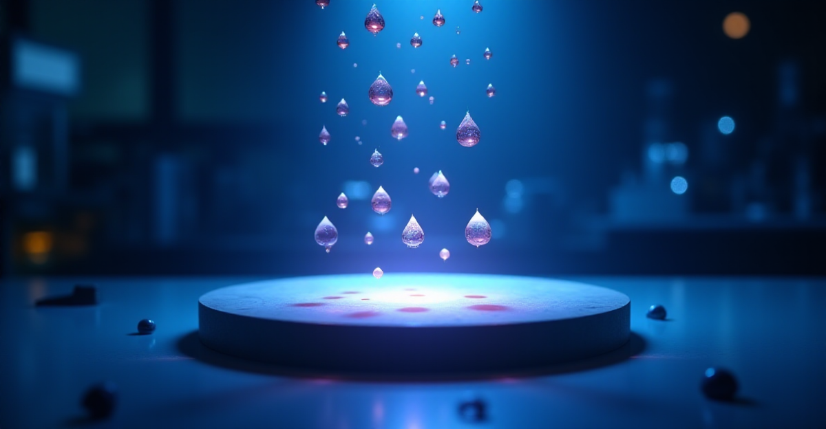 A mesmerizing scene depicting acoustic levitation in action. Imagine a dimly lit laboratory, with a central stage bathed in a soft, blue light. In this space, suspended in mid-air, are various droplets and small objects, illuminated by beams of light that create a captivating, almost otherworldly effect. The droplets, shimmering with vibrant colors, seem to pulse and dance in rhythm with the invisible sound waves that hold them aloft. These levitating droplets represent tiny, invisible test tubes, illustrating the potential of this technology for conducting chemical reactions in a completely new way. The background should be a blur of scientific instruments and equipment, suggesting the intricate technology behind acoustic levitation. Focus on creating a sense of awe and wonder, emphasizing the beauty and potential of this groundbreaking scientific breakthrough.
