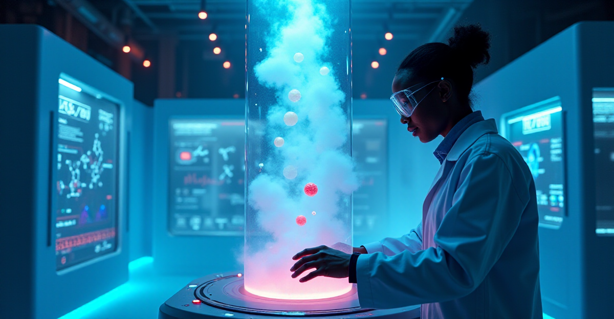A futuristic laboratory bathed in a cool, sterile blue light. In the center, a clear, cylindrical chamber filled with a swirling mist, illuminated by beams of vibrant, rainbow-colored light. Tiny spheres, levitating within the mist, represent acoustic levitation holding chemical compounds mid-air. A scientist, wearing a futuristic lab coat and goggles, carefully manipulates a control panel, sending sound waves that gently nudge the spheres into different positions, creating a mesmerizing dance of science. The background should show high-tech equipment, sleek and futuristic, with glowing interfaces and holographic displays depicting intricate molecular structures and complex chemical reactions. The overall mood should be one of scientific wonder and excitement, showcasing the potential of acoustic levitation to revolutionize pharmaceutical development.