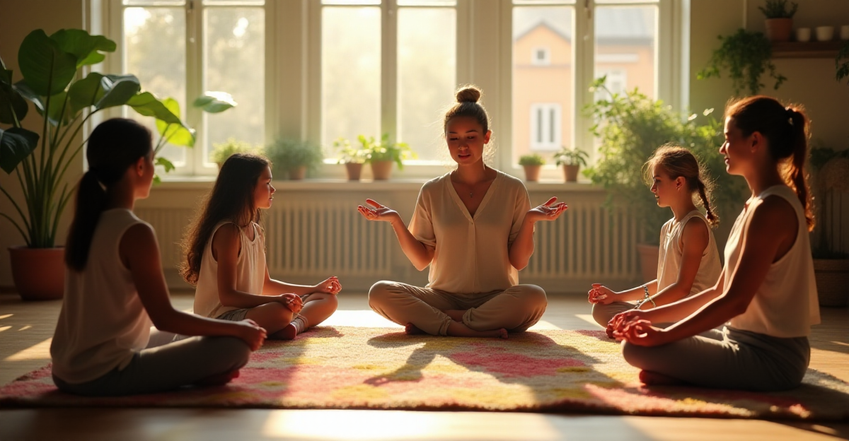 A warm and inviting classroom setting filled with sunlight streaming through the windows. Students are sitting on a colorful rug, engaged in a guided meditation led by a kind and patient teacher. The teacher, with a gentle smile, guides the students through deep breathing exercises, using hand gestures to emphasize the inhale and exhale. The room is adorned with calming colors, soft textures, and natural elements like plants and a small, flowing fountain. The image conveys a sense of peace, focus, and well-being, with a warm color palette and soft lighting to create a tranquil atmosphere.