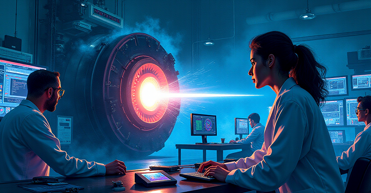 A dramatic, stylized illustration depicting the search for magnetic monopoles. The scene is a futuristic laboratory filled with high-tech equipment, pulsating with energy and bathed in cool, blue light. In the center, a particle accelerator roars to life, a vibrant stream of energy colliding with a target. Surrounding the accelerator, scientists in lab coats intently analyze data screens, their faces illuminated by the glow of their monitors. One scientist, perhaps a woman, leans in, her expression focused and determined, as she examines the data. The scene should evoke a sense of awe and anticipation, hinting at the groundbreaking discoveries that might lie just beyond the horizon. The overall mood should be one of scientific curiosity, wonder, and the pursuit of knowledge.