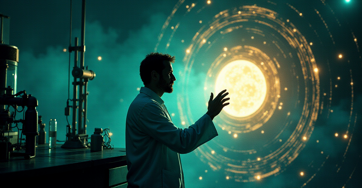 A dramatic, stylized depiction of a scientist in a futuristic laboratory, surrounded by swirling lines of force representing magnetic fields. The scientist, silhouetted against a bright, glowing orb symbolizing a hypothetical magnetic monopole, gazes intensely through a complex apparatus, reflecting the pursuit of elusive knowledge. The scene is awash in cool blues and greens, with bursts of golden light emanating from the monopole, conveying a sense of scientific wonder and the potential for groundbreaking discovery. The overall mood is one of intense curiosity, intellectual pursuit, and the awe-inspiring mystery of the universe.