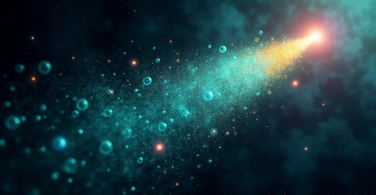 A surreal and abstract visualization of neutrinos as tiny, shimmering particles, traveling through space at the speed of light. The image should depict a dark, starry background with a vibrant, energetic burst of color representing the neutrino's fleeting presence. Emphasize the elusive nature of neutrinos by incorporating a sense of movement and uncertainty. The overall mood should be one of scientific wonder and mystery, highlighting the vastness and hidden complexities of the universe. The background should be composed of a deep cosmic blue with hints of purple and pink, while the neutrinos are represented by swirling, luminous orbs of bright turquoise and yellow. A subtle, almost imperceptible distortion of the space around the neutrinos should suggest their impact on the fabric of reality.