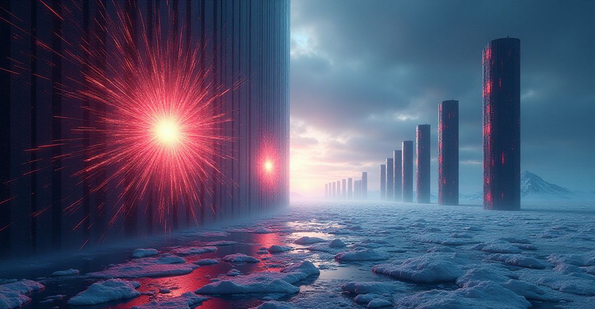 A dramatic and visually striking illustration depicting the vast scale of neutrino detection experiments. Focus on the contrast between the microscopic world of neutrinos and the immense scale of the detectors. One side of the image should showcase a close-up of a neutrino interaction, highlighting its subatomic nature and the faint flash of light it creates. This could be rendered in a vibrant, almost psychedelic style, using bright colors and swirling patterns to convey the energy and mystery of the neutrino. On the opposite side of the image, depict the grand scale of a neutrino observatory like IceCube or Super-Kamiokande. These detectors should be presented as towering structures, possibly in a futuristic or industrial aesthetic, surrounded by a vast, icy or watery landscape. The contrast between the microscopic and the macroscopic should create a sense of awe and wonder. Use cool, muted tones for the observatory to convey the vastness and isolation of the setting, while the neutrino interaction should be a burst of vibrant color, emphasizing the elusive nature of these particles. The overall mood should be one of scientific exploration, discovery, and the boundless potential of the universe.