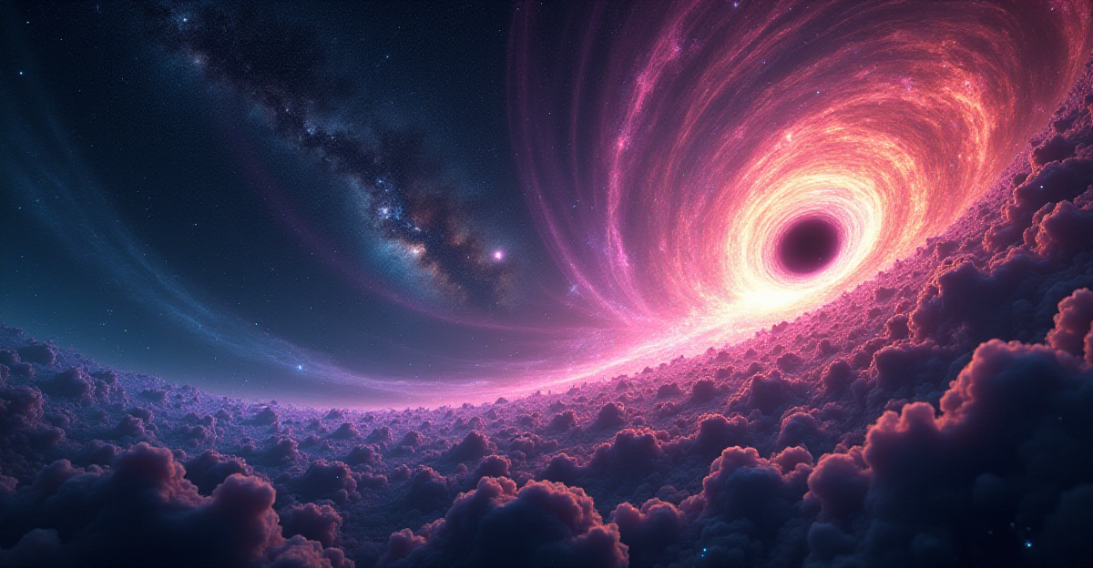 A cosmic landscape depicting the journey of neutrinos through the vast expanse of space. A vibrant, swirling nebula fills the foreground, its ethereal glow casting long shadows on a field of shimmering stardust. At the center of the nebula, a supermassive black hole, rendered with a swirling, hypnotic energy, emits a powerful stream of neutrinos, represented as streaks of iridescent light. These neutrinos, rendered as translucent spheres with swirling energy within, pierce through the nebula, traveling towards distant galaxies. In the background, faint, distant galaxies glimmer in the darkness, their light representing the vast scale of the universe. The overall mood should be one of awe and wonder, highlighting the immense power and mystery of the cosmos. Employ a blend of realistic and abstract elements to capture the ethereal nature of neutrinos and their role in shaping the universe.