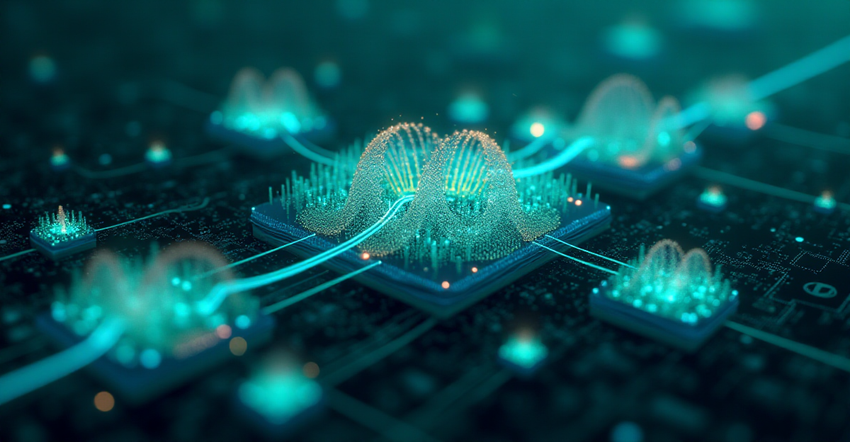A stylized, futuristic illustration depicting the concept of acoustic computing. The central focus is a microscopic view of a phononic frequency comb, represented as intricate, glowing, interconnected nanostructures vibrating with subtle, colored waveforms. These structures should be visually complex yet aesthetically pleasing, possibly incorporating elements of biomimicry. Surrounding the central comb, smaller, interconnected modules represent quantum memory units and nanosensors, all emitting soft, pulsating light in a range of cool blues and greens, suggesting efficiency and precision. The overall mood should be one of scientific wonder and technological advancement, with a sense of quiet, controlled power. The background could subtly feature abstract representations of applications—a stylized medical image, a microscopic view of a polluted environment gradually cleaning itself, and efficient industrial processes—all faintly visible and connected to the central structure through ethereal energy lines. The style should blend elements of scientific illustration and digital art, emphasizing both accuracy and artistic vision. The lighting should be soft and diffused, creating a sense of depth and highlighting the intricate details of the nanostructures.