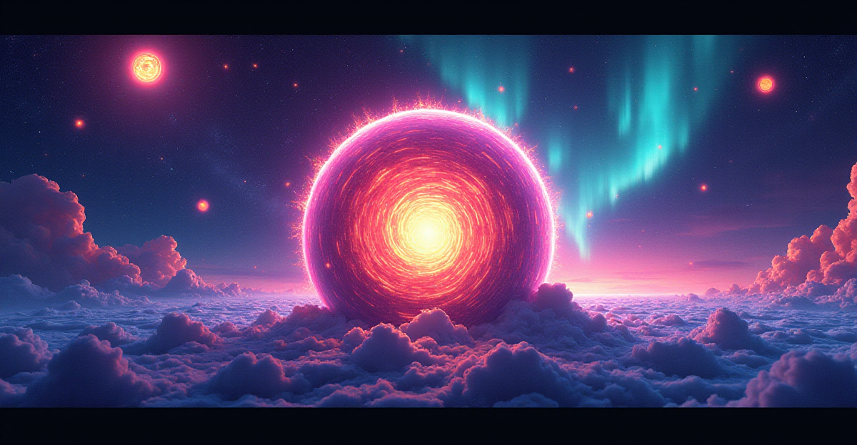 A captivating illustration depicting the multifaceted nature of plasma, showcasing its presence in both the vast cosmos and everyday life. In the foreground, a vibrant, swirling plasma sphere glows with mesmerizing energy, evoking the wonder of scientific discovery. The background should feature a vast, celestial expanse, depicting celestial bodies bathed in plasma, such as a fiery star, the aurora borealis, and a glowing nebula. The colors should be vibrant and dynamic, emphasizing the energy and beauty of plasma, with a sense of wonder and awe. The composition should be balanced, showing the interconnectedness of plasma on both macro and micro levels.