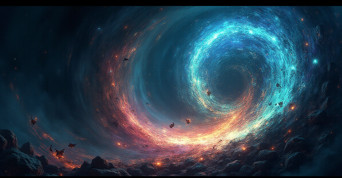 A surreal and abstract composition depicting the concept of quantum archaeology. Imagine a swirling vortex of quantum information, glowing with vibrant, ethereal colors, representing the potential to reconstruct the past. Within this vortex, fragmented images of historical figures and events emerge and fade, suggesting the reconstruction of lost information. The background should be a deep, dark blue, representing the vastness of space and time. Use a combination of digital and traditional art styles to create a visually arresting and thought-provoking image, reflecting the mystery and complexity of quantum information.