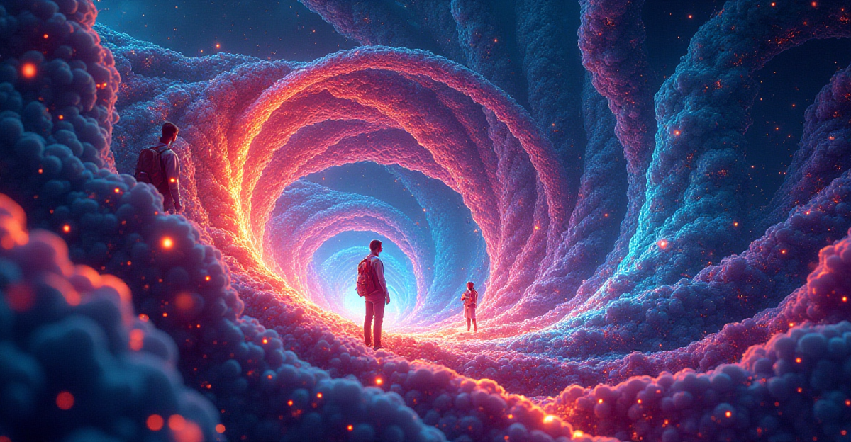 A vibrant and futuristic illustration depicting the concept of topological protection in quantum computing. Imagine a swirling, multi-colored vortex, representing the fabric of spacetime, where intricate, glowing quantum knots, like loops of energy, are woven and interconnected. These knots should be rendered with a blend of vibrant, luminescent colors, suggesting the fragility and power of quantum information. Surrounding the vortex, depict figures of scientists working on computers, manipulating quantum knots with laser beams, highlighting the ongoing research and experimentation in this field. The overall mood should be one of awe and wonder, emphasizing the potential of topological protection to revolutionize computing and unlock new possibilities. The artwork should have a stylized and futuristic feel, incorporating elements of science fiction and abstract art.