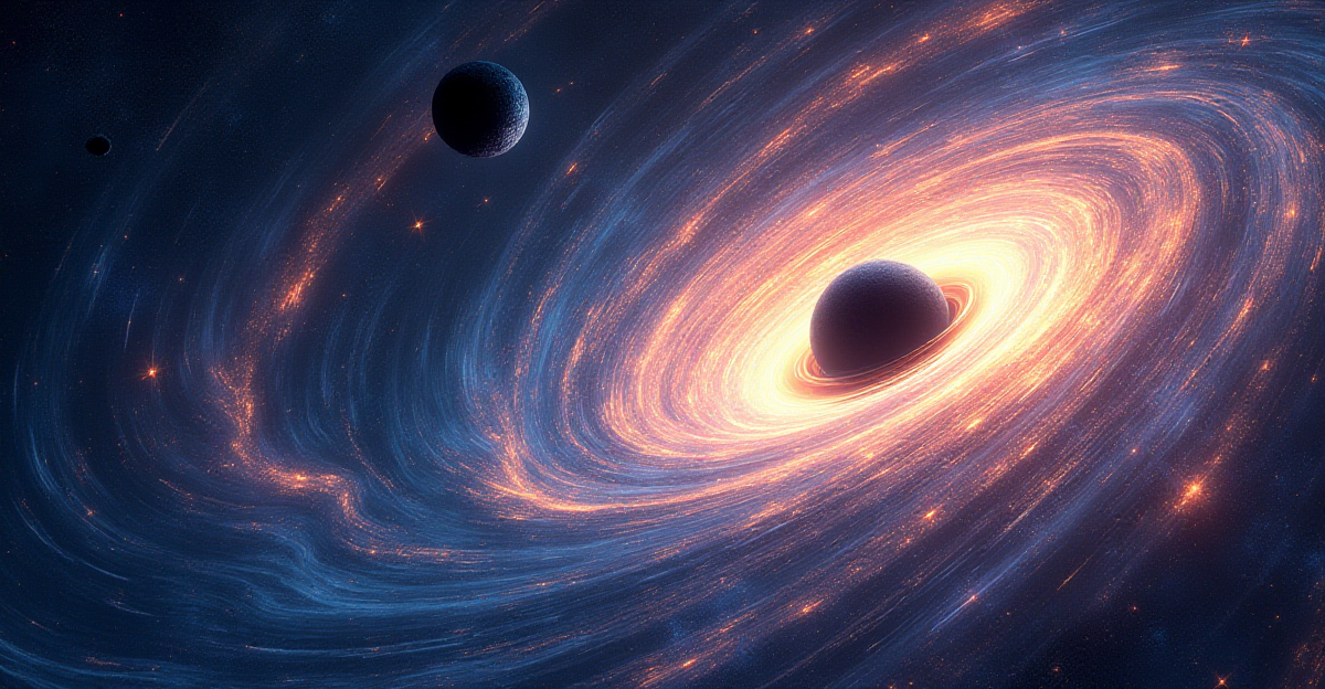 A mesmerizing illustration depicting the concept of gravitational waves. Imagine a swirling vortex of space-time, rendered in vibrant, swirling hues of blue, purple, and orange, representing the fabric of the universe. Within this swirling vortex, depict two massive black holes spiraling towards each other, their intense gravity warping space-time around them. Render these black holes as dark, ominous orbs, surrounded by swirling accretion disks of glowing gas. As they collide, emanate a series of powerful, outward-spreading ripples in the fabric of space-time, representing gravitational waves. These waves should be rendered as luminous streaks of white and gold, symbolizing the energy released from the cosmic collision. The overall mood should convey a sense of awe, wonder, and the profound power of the universe. The style should be a blend of scientific accuracy and artistic expression, capturing the beauty and mystery of the cosmos.