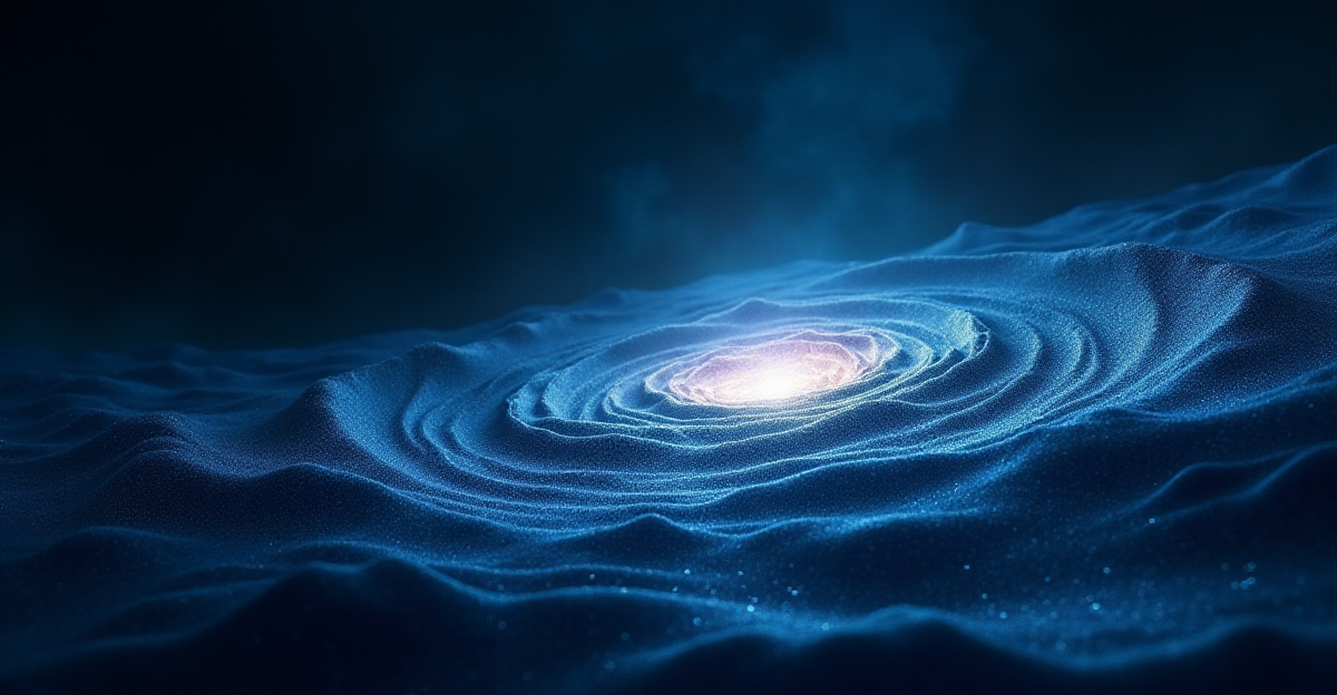 A dramatic, abstract visualization of the concept of "Breakthrough Detection" in the realm of gravitational waves. Depict a vast, swirling, dark blue expanse representing the fabric of spacetime, rippling and distorting in response to the unseen passage of gravitational waves. Imagine a shimmering, ethereal light emanating from a distant point in the darkness, symbolizing the source of the gravitational wave. This light could be a swirling vortex of colors, representing a black hole merger, or a brilliant, expanding sphere of light, symbolizing a supernova. The scene should evoke a sense of awe, wonder, and the immense power of the universe, with the focus on the beauty and mystery of the unseen forces at play. The overall mood should be one of scientific discovery, highlighting the thrill of pushing the boundaries of our understanding.