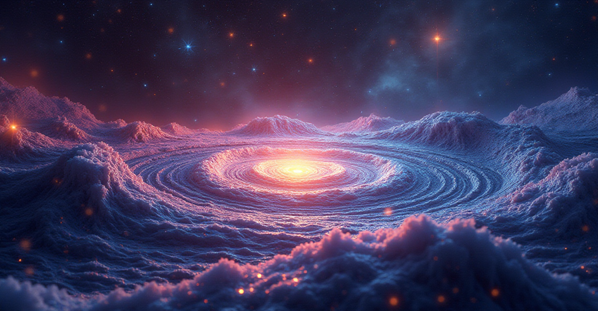 A surreal, otherworldly scene depicting the fabric of spacetime as a shimmering, multi-dimensional canvas. Ripples radiate outward from a central point, representing the gravitational waves, with vibrant, luminous colors that shift and change with the waves. The scene is filled with a sense of awe and wonder, conveying the momentous nature of the discovery. The background could feature distant galaxies and nebulae, highlighting the vastness of the universe. The overall mood should be one of discovery, excitement, and the beauty of the unknown.