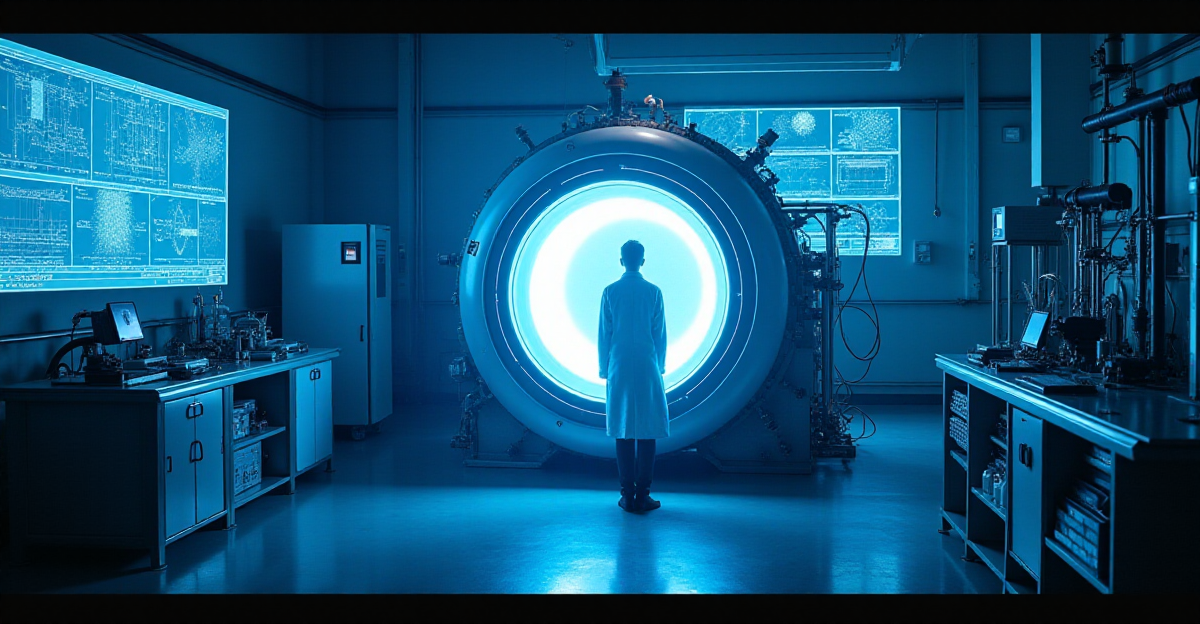 A futuristic laboratory scene bathed in cool, bluish light. At the center, a scientist in a white lab coat stands beside a large, cylindrical cryogenic chamber. The chamber glows with a soft, ethereal light, hinting at the superconducting material inside. The chamber is surrounded by intricate machinery, wires, and control panels, showcasing the complexity of the research. In the background, a wall-mounted display shows intricate graphs and diagrams, highlighting the scientific data and progress. The mood is a mix of excitement and wonder, capturing the potential of superconductivity to revolutionize the world.