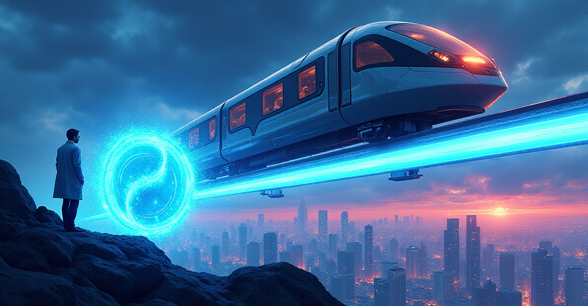 A dramatic and futuristic illustration depicting the concept of superconductivity. A sleek, metallic maglev train, hovering above a track with glowing blue lines representing the path of zero resistance, speeds across a vibrant city skyline. In the foreground, a scientist, dwarfed by the train's scale, peers intently at a complex device that emits a swirling cloud of blue energy. The scene is infused with a sense of awe and wonder, highlighting the potential for superconductivity to revolutionize our world with clean energy and advanced technology. The color palette should be a mix of cool blues, metallic grays, and bright neon accents, creating a dynamic and impactful visual.
