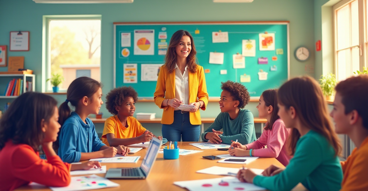 A vibrant classroom scene depicting a teacher facilitating differentiated instruction. The teacher is surrounded by diverse students, each engaged in personalized learning activities. The room is filled with colorful visual aids, such as charts, graphs, and posters. A group of students collaborate on a hands-on project, while another group is engrossed in a lively discussion. A student uses a laptop to research a topic, while another student works on an art project. The overall mood is positive and energetic, reflecting the excitement of learning and discovery. The scene should be infused with a sense of collaboration, individualization, and personalized learning, showcasing the benefits of differentiated instruction.
