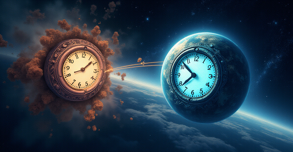 A captivating illustration depicting the concept of time dilation. Imagine a scene where two clocks, one on Earth and one in space, are synchronized. The Earth clock is surrounded by a vibrant, swirling, almost liquid-like representation of gravity, while the space clock is immersed in a vast, dark, starry expanse. The Earth clock appears to tick at a normal pace, while the space clock, with its hands frozen in time, is surrounded by a subtle visual effect that suggests time has slowed down. This effect could be achieved through a soft, shimmering, ethereal glow emanating from the space clock, highlighting the difference in the passage of time. Emphasize the contrast between the Earth's bustling, dynamic environment and the serene, almost timeless space setting, highlighting the subtle yet profound impact of time dilation on our perception of reality. The overall tone should be both visually engaging and intellectually stimulating, inviting viewers to ponder the intricacies of time and relativity.
