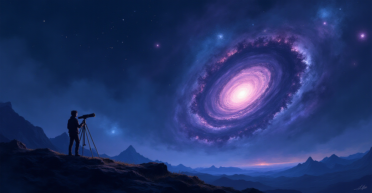 A cosmic landscape, a canvas of deep indigo and swirling nebulae. At the heart of the scene, a swirling vortex of black and purple represents dark matter, its tendrils stretching out, warping the surrounding fabric of spacetime. Tiny, bright stars twinkle in the distance, illuminating the darkness. In the foreground, a lone astronomer gazes up at the sky, their silhouette silhouetted against the swirling vortex, holding a telescope that points directly at the dark matter. The scene evokes a sense of awe and mystery, highlighting the invisible forces that shape our universe. Rendered in a painterly style, with a soft, ethereal glow, the image should convey the beauty and mystery of dark matter.