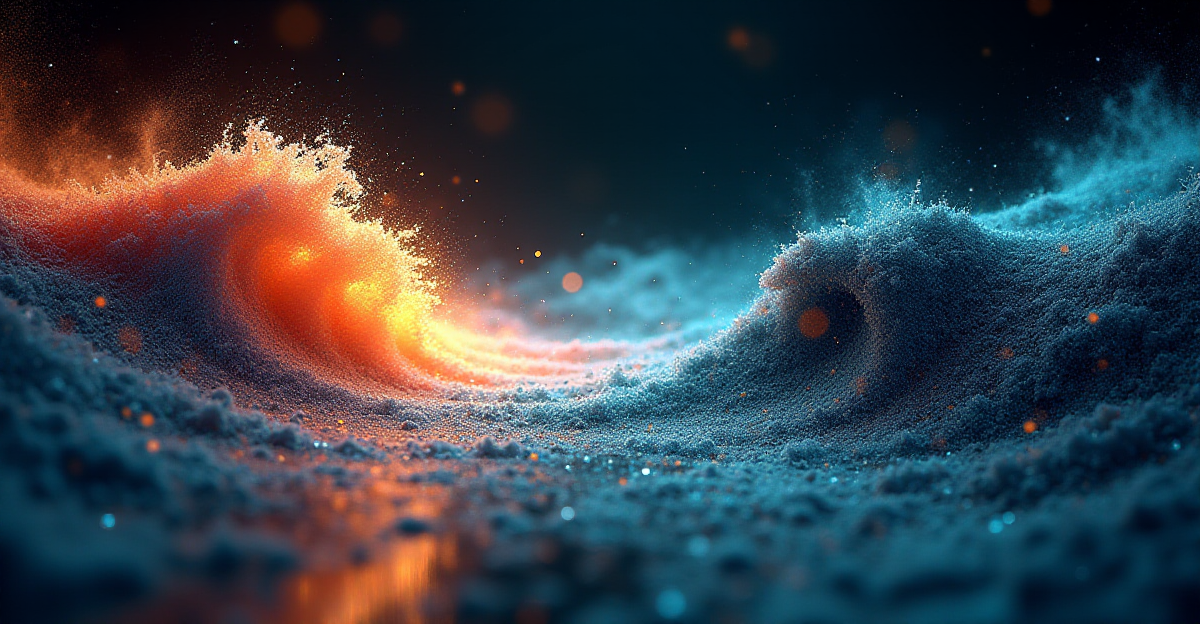 A surreal, abstract composition depicting the duality of light. On one side, a vibrant, colorful wave pattern representing light as a wave, with flowing lines and dynamic colors reminiscent of a ripple in water. On the other side, a stark, monochromatic representation of light as a particle, composed of sharp geometric shapes and textures mimicking sand grains. The two sides are separated by a blurred, shimmering boundary, symbolizing the quantum realm where both realities exist simultaneously. Use a color palette that contrasts bright, vibrant hues with cool, dark tones, creating a visually striking and thought-provoking image. The overall mood should be intriguing, mysterious, and perhaps slightly unsettling, reflecting the paradoxical nature of quantum mechanics.