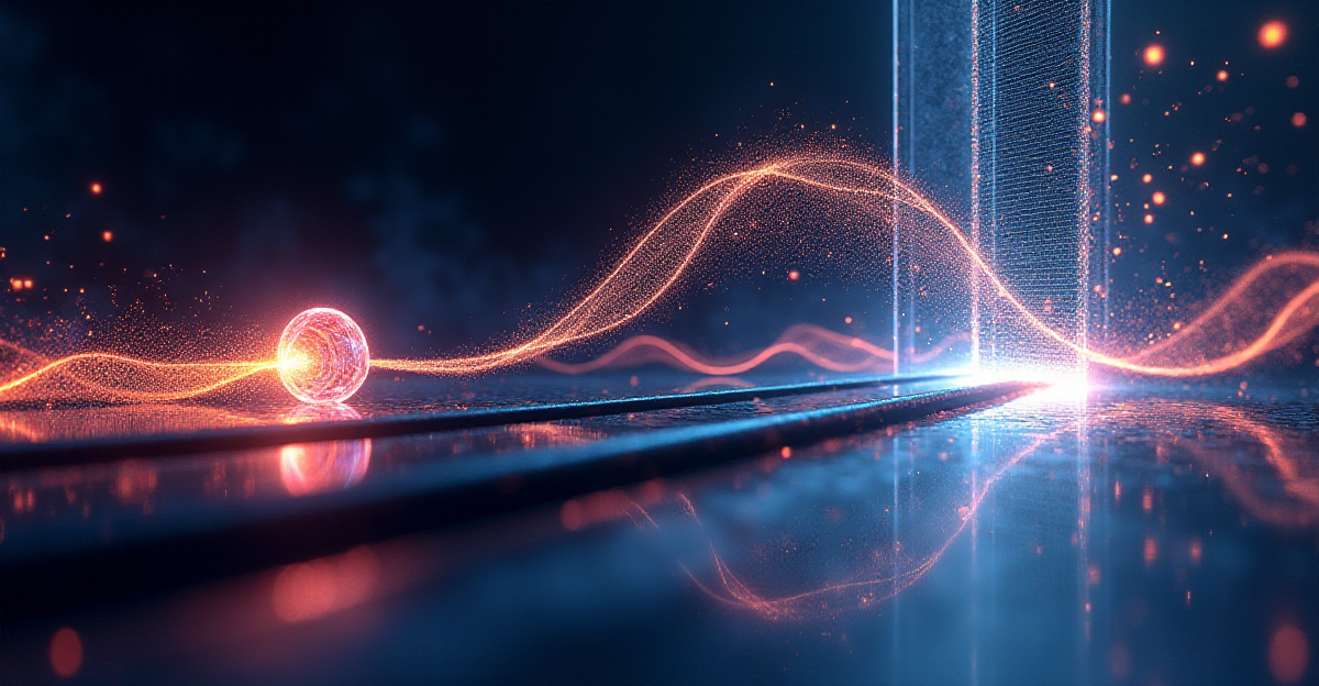 A stylized, almost abstract illustration depicting the essence of wave-particle duality. In the foreground, a single photon, depicted as a vibrant, swirling energy form, approaches two slits cut into a dark, metallic surface. As the photon passes through the slits, it splits into two identical, shimmering, wave-like forms, illustrating the wave-like behavior of light. These waves then converge on a screen in the background, creating an interference pattern of bright and dark bands, representing the particle-like nature of light. The overall mood should be one of wonder, curiosity, and intellectual stimulation, with a vibrant color palette contrasting with the dark, metallic background. The illustration should be reminiscent of a scientific poster or an abstract visualization of a quantum phenomenon, conveying the beauty and complexity of wave-particle duality.