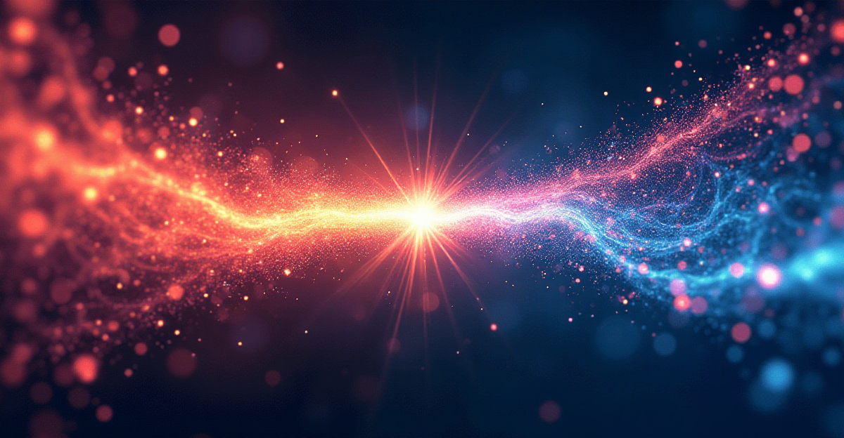 A dynamic and colorful illustration depicting the wave-particle duality of light, showcasing its paradoxical nature. Imagine a vibrant, almost abstract background with swirling, interconnected particles, representing the quantum realm. Superimposed on this background, a single beam of light, radiating from a central point, splits into two distinct paths: one path showing its wave-like nature, spreading out like ripples in water, and the other showcasing its particle-like nature, traveling in a straight line like a projectile. The composition should visually represent the transition between these two states, highlighting the paradoxical duality of light. The overall mood should be one of wonder and awe, reflecting the profound nature of this fundamental concept. Embrace a contemporary, illustrative style with bold colors and dynamic shapes, evoking a sense of scientific discovery and the beauty of the quantum world.