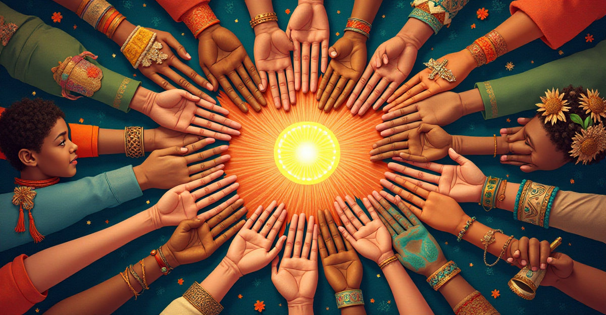 A captivating illustration showcasing the essence of human culture as a vibrant and interconnected tapestry. Imagine a central motif of hands reaching towards each other, symbolizing shared knowledge, learning, and communication. These hands could be adorned with intricate patterns representing diverse cultural symbols like a wedding ring, a traditional mask, or ancient cave art. Surrounding these hands, depict a diverse group of individuals from different cultural backgrounds, each engaged in activities that highlight aspects of human culture: a child learning a traditional dance, a scientist studying a complex equation, an artist creating a vibrant masterpiece, and a storyteller sharing a cherished tale. The scene should radiate a sense of interconnectedness and celebration, with warm, inviting colors reflecting the richness and diversity of human expression. This intricate illustration should capture the essence of shared knowledge, creativity, and cultural exchange, emphasizing the beauty and dynamism of human culture.
