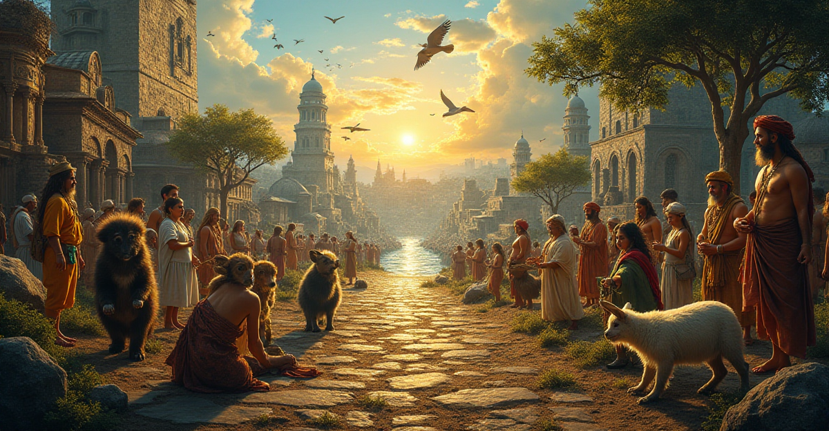 A dramatic, contrasting composition depicting the essence of human culture versus animal behavior. On one side, a vibrant, bustling human city with diverse architecture, showcasing intricate tools, complex social interactions, and symbolic art. The other side portrays a serene, naturalistic scene of a group of animals engaging in their instinctive behaviors, such as foraging, grooming, and playing, with simple tools and natural surroundings. The human side should exude a vibrant, energetic atmosphere with warm, saturated colors, while the animal side should be depicted in soft, natural tones and muted lighting, emphasizing the stark contrast between the two worlds. This visual representation should evoke contemplation and spark curiosity about the unique qualities of human culture.