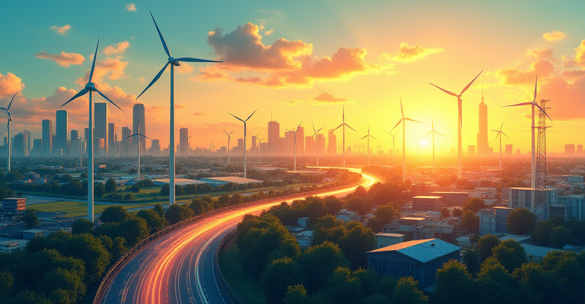 A visually compelling illustration depicting the interconnectedness of a modern cityscape with a vast renewable energy system. The city's skyline is bathed in the warm glow of a setting sun, while wind turbines gracefully dot the horizon. Sunlight streams down onto solar panels lining rooftops and open fields. The image should showcase the energy flow from these renewable sources, traveling through power lines and infrastructure, to illuminate the city. Focus on a blend of realistic city details with a stylized, almost futuristic energy flow visualization. The colors should be vibrant and energetic, showcasing the power of renewable energy while maintaining a sense of hope and optimism for the future.