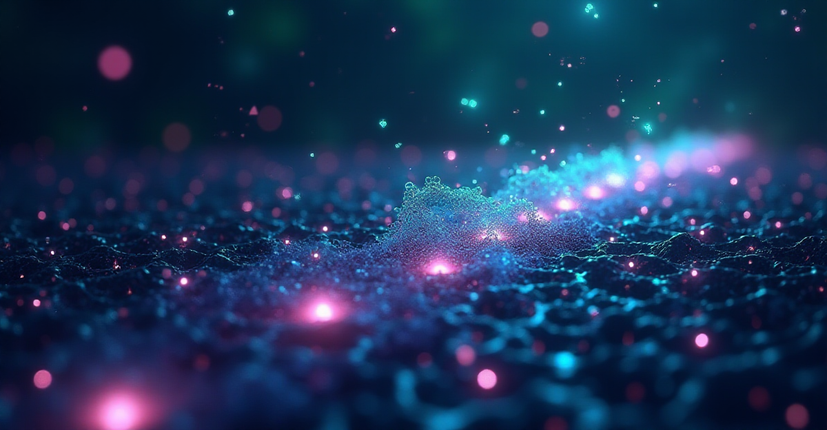 A stylized microscopic visualization of Majorana zero modes at the edge of a topological superconductor. Depict these modes as shimmering, ethereal particles, perhaps represented as glowing nodes or interconnected strands of light, existing within a lattice structure of atoms represented by subtly glowing geometric shapes. The overall color scheme should be cool, with deep blues, purples, and greens dominating, hinting at the low temperatures required. A subtle, almost imperceptible energy field should emanate from the Majorana modes, suggesting their quantum nature and potential for entanglement. The background could incorporate abstract representations of mathematical equations or waveforms, subtly suggesting the theoretical underpinnings of the research. The mood should be one of scientific wonder and exploration, highlighting the beauty and complexity of the quantum world while emphasizing the potential for technological advancement. The style should blend scientific realism with artistic interpretation, aiming for a visually striking and intellectually stimulating image.