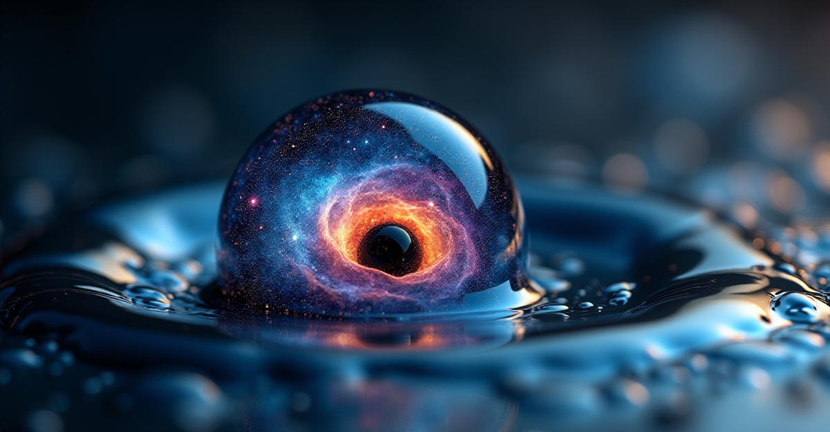A mesmerizing close-up of a single water droplet, its surface shimmering with iridescent colors reflecting a miniature, swirling galaxy. Within the droplet, miniature black holes are depicted as dark, swirling vortexes, contrasted by luminous nebulae rendered in vibrant blues, purples, and oranges. The overall mood is one of awe and wonder, hinting at the immense complexity of the universe contained within the seemingly simple form of a droplet. The style should evoke a sense of scientific precision while maintaining an artistic and visually stunning quality; think of a blend of photorealistic rendering with painterly flourishes to emphasize the ethereal nature of the subject. The background should be subtly blurred, drawing focus to the detailed interior of the droplet. The lighting should be soft and diffused, enhancing the droplet’s translucence and the vibrant colors within.