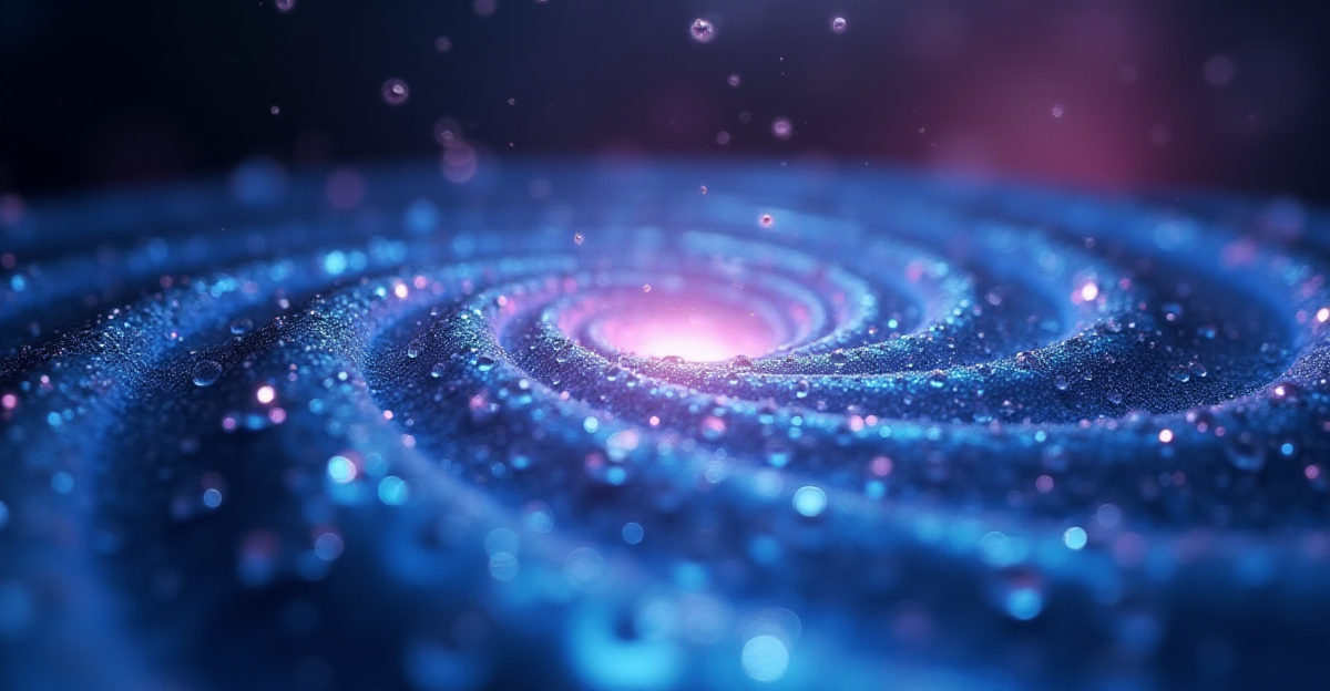 A mesmerizing close-up shot depicting a droplet of superfluid helium-4, its surface swirling with intricate patterns mirroring a miniature black hole. The colors are deep blues and purples, transitioning to a luminous, almost ethereal white at the center, suggesting intense energy and gravitational pull. Tiny, glittering particles represent Hawking radiation escaping the simulated singularity. The background subtly hints at a vast, cosmic landscape, with swirling nebulae echoing the fluid's dynamic movements. The overall mood is one of awe-inspiring wonder and scientific discovery, blending the microscopic with the macroscopic in a visually stunning representation of quantum fluid holography. The style should be hyperrealistic, emphasizing the intricate detail and scientific accuracy of the fluid dynamics, while incorporating a touch of artistic license to highlight the cosmic implications.