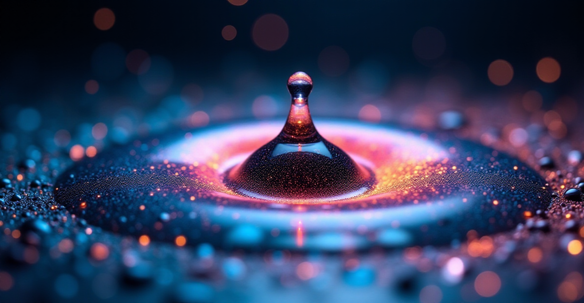 A microscopic droplet of superfluid helium, swirling with vibrant, iridescent colors, acts as a holographic projection of a miniature universe. Within the droplet, miniature black holes are depicted as intensely dark, swirling vortexes, surrounded by radiating trails of light representing Hawking radiation, rendered as subtly glowing, ethereal filaments. The background subtly hints at the vastness of space, using a deep, cosmic blue gradient punctuated by distant, sparkling points of light. The overall style should be a blend of photorealistic rendering of the fluid dynamics and a stylized, almost painterly depiction of the cosmic elements, creating a visually stunning contrast between the microscopic and macroscopic scales. The mood should be one of awe and scientific wonder, highlighting the elegance and power of this experimental approach to cosmology. The image should emphasize the intricate details of the fluid flow and the cosmic phenomena within the droplet, showcasing the beauty and complexity of this laboratory cosmology.