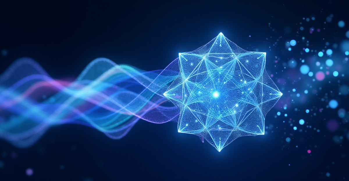A stylized microscopic visualization of relativistic lattice waves propagating through an engineered crystal. The crystal structure is depicted as a complex, interconnected network of glowing nodes and edges, with waves of light-blue energy pulsing through it at superluminal speeds, creating streaks of vibrant turquoise and violet. The background is a deep, dark indigo, contrasting sharply with the bright, energetic waves. The overall style should be reminiscent of scientific visualization, with a hint of Art Deco influence in the geometric precision of the crystal lattice. The mood is one of awe-inspiring discovery and scientific wonder, emphasizing the elegance and complexity of the phenomenon. The image should convey a sense of motion and energy, showcasing the wave's apparent transgression of light speed.