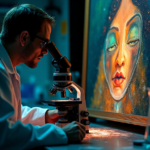 A dimly lit, high-tech forensic art lab. In the foreground, a scientist in a white lab coat intently examines a section of a vibrant, classical oil painting through a complex microscope attached to analytical equipment. Beakers and scientific instruments are subtly visible in the background, softly illuminated. The painting itself should appear partially translucent in the examined area, revealing underlying layers of paint and perhaps even molecular structures or chemical formulas subtly overlaid as if being revealed by the analysis. The color palette should be rich and contrasting - the warm, deep hues of the classical painting juxtaposed with the cool, sterile tones of the lab environment and equipment. The mood is investigative and intellectual, hinting at the hidden secrets within the artwork being unveiled by the power of chemistry. The lighting should be dramatic, emphasizing the focused beam on the artwork and casting shadows in the lab, creating a sense of mystery and discovery.
