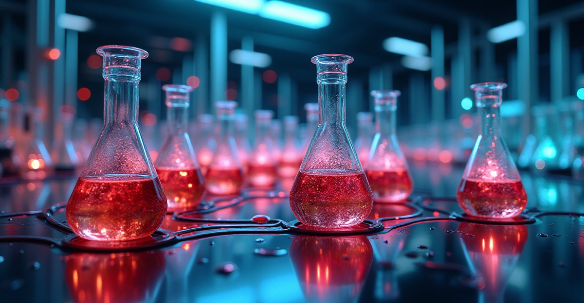 A futuristic laboratory scene with interconnected glass tubes and beakers filled with vividly colored, swirling liquids. The tubes stretch across a large, abstract space, representing a global network. Within the liquids, patterns of light and dark pulse rhythmically, synchronized across the system. Some areas have bright, intense colors, while others are more muted, suggesting the flow of reactions. The overall mood is one of dynamic harmony, where complex chemical processes coordinate with incredible precision. The setting combines sleek, modern lab equipment with abstract network visualizations. This is a low-angle shot to capture the vastness of the system.