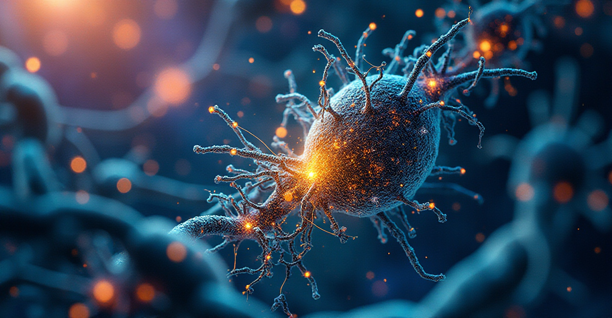 A complex, abstract representation of a biological cell interior, rendered with a blend of digital and watercolor art styles. Molecular structures like DNA strands and protein complexes form intricate networks, glowing with internal light that suggests computation. Within these networks, chemical signals flow like illuminated pathways, moving between molecular nodes. The color palette should be rich, with deep blues and purples representing the cell’s interior and brighter, vibrant yellows and greens used for the active signaling molecules. The scene should give a sense of movement, energy, and the complex processing of information, with a blend of natural organic forms and abstract digital aesthetics. The overall mood is one of discovery and the hidden complexity of life at a molecular level, evoking the intersection of biology, chemistry, and computation.
