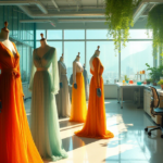 Imagine a vibrant, sunlit laboratory merging with a high-fashion design studio. In the foreground, flowing garments crafted from natural fibers like plant-based silk and recycled denim are draped on stylish mannequins adorned with botanical elements like leaves and flowers. Behind them, through a large glass partition, a state-of-the-art chemistry lab is visible, filled with beakers of brightly colored, plant-derived dyes and futuristic equipment analyzing fabric samples. Green vines and leaves subtly weave their way from the "nature" inspired fashion studio side into the lab, symbolizing the harmony between nature and science. The color palette is dominated by lush greens, earthy browns, and vibrant pops of natural dye colors such as indigo blue, turmeric yellow, and beetroot red. The overall mood is optimistic, innovative, and stylish, reflecting the exciting intersection of fashion, sustainability, and revolutionary chemistry.