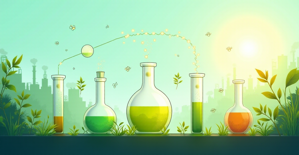 A dynamic scene illustrating the concept of green solvents in chemical processes. At the center, a stylized representation of a chemical reaction, with clear glass containers holding liquids in varying shades of green and amber, representing bio-based solvents. These containers are connected by transparent tubing, indicating a closed-loop, sustainable system. Surrounding this are graphic elements depicting plants and agricultural waste, symbolizing the renewable sources of the solvents. The background transitions from dark, polluted tones at the bottom to a bright, clean sky at the top, reflecting the shift towards cleaner technologies. Include subtle, stylized molecule structures floating in the air to add a scientific element. Use vibrant, optimistic colors with a focus on greens, blues, and light yellows to convey environmental responsibility and innovation. The artistic style is modern and minimalist, with clear lines and a focus on functionality. The lighting should be clean and bright, giving a sense of clarity and progress.