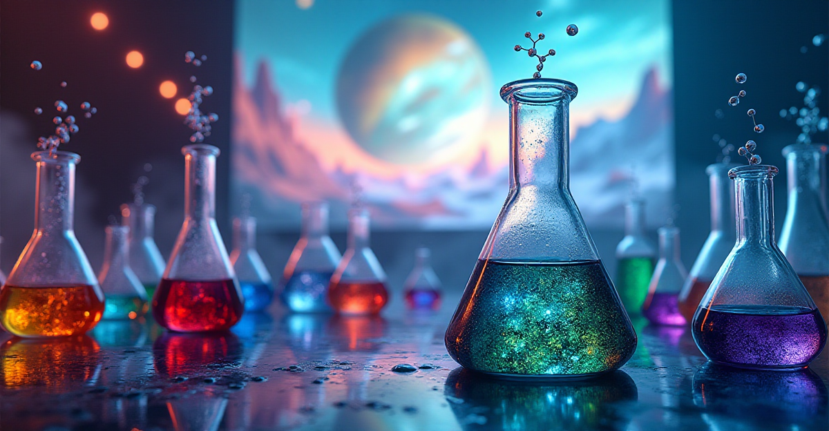 A visually dynamic scene depicting a laboratory setting, where glass flasks and beakers filled with swirling, colorful liquids are illuminated by a soft, diffused light. In the background, an abstract representation of early Earth, with volcanic landscapes and swirling clouds, is projected onto a screen. Molecules, rendered in vibrant blues, greens, and purples, are seen forming spontaneously within the glassware. The overall style is a blend of scientific realism and artistic impressionism, capturing the chaotic yet beautiful nature of prebiotic chemistry. A sense of discovery and wonder permeates the image, with the emerging complex molecules symbolizing the beginning of life.