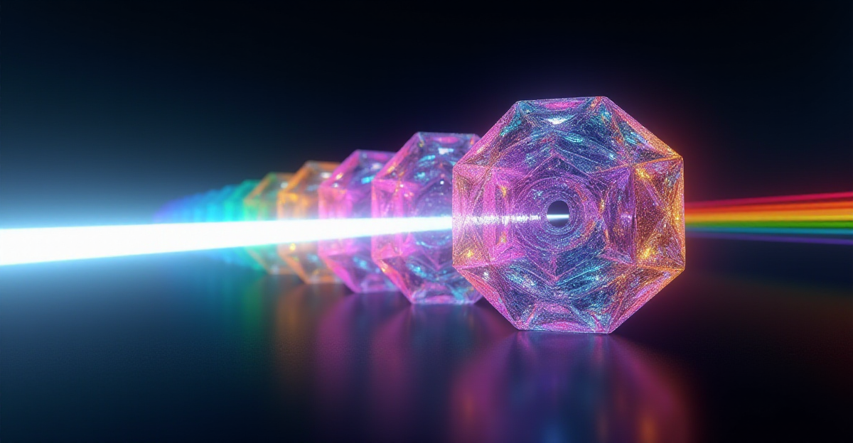 A futuristic, abstract depiction of light undergoing quantum rainbow tunneling through a complex, crystalline metamaterial. Light enters as a single white beam and fractures into a spectrum of vibrant rainbow colors as it tunnels through the material, which is composed of interconnected, geometric shapes. The environment should have a dark, almost black background, with the light and the fractured rainbow colors acting as the primary light sources. The overall composition should convey a sense of scientific wonder and a violation of normal optical laws, with the colors being vivid and intense. The tunneling action and rainbow effect should be clearly the central visual element. Use a slightly soft focus to give a sense of ethereal energy and motion. This should be realistic but also have a conceptual or abstract feel to it.