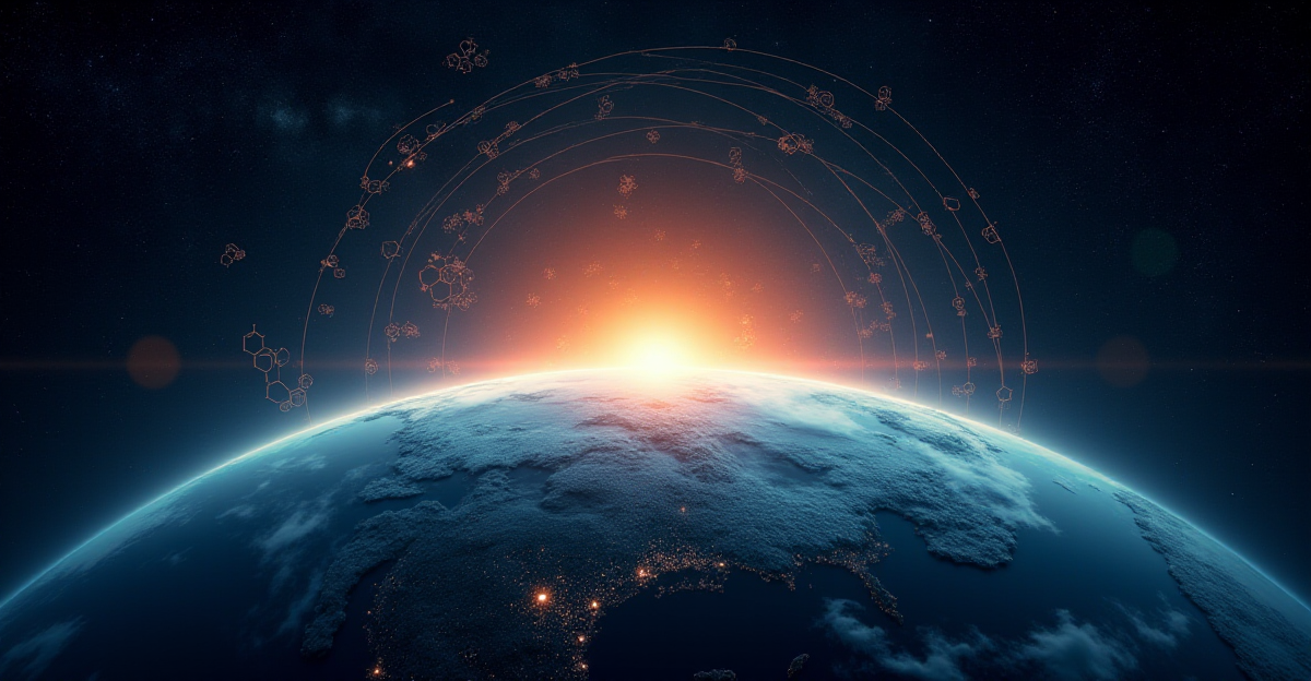 A visually striking depiction of Earth's atmosphere, showcasing its layered structure from the surface to the upper reaches. The troposphere is depicted with visible air currents and weather patterns, including clouds and rain. Higher up, the stratosphere shows the ozone layer with subtle color variations, and the mesosphere and thermosphere transition into a dark, starry background. Include a subtle, intricate network of chemical reaction diagrams overlaying the atmosphere, illustrating the chemical feedback loops and cycles in action. Use a vibrant, semi-realistic color palette to depict the different atmospheric layers. A soft, ethereal lighting effect enhances the sense of wonder and complexity of the system, evoking a feeling of scientific marvel and environmental awareness.