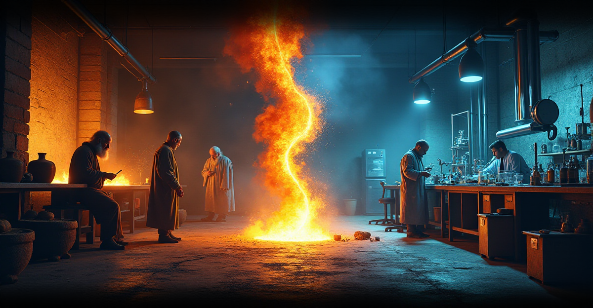 A visually engaging scene depicting the evolution of metallurgy, transitioning from ancient alchemy to modern scientific practices. On the left, portray a dimly lit alchemist's workshop with crucibles, bellows, and an aged scholar examining a glowing metal ingot. The color palette here should be warm and earthy, with flickering firelight. On the right, showcase a modern laboratory with sleek equipment, complex machinery, and scientists in lab coats analyzing metal samples with advanced tools. Use cool, metallic tones and bright, clinical lighting for this half. In the center, a symbolic representation of metal transformation – perhaps a molten flow or the atomic structure of a metal – bridges the two eras, rendered in a dynamic, abstract style. The overall mood should convey a sense of discovery, innovation, and the enduring power of chemical knowledge.