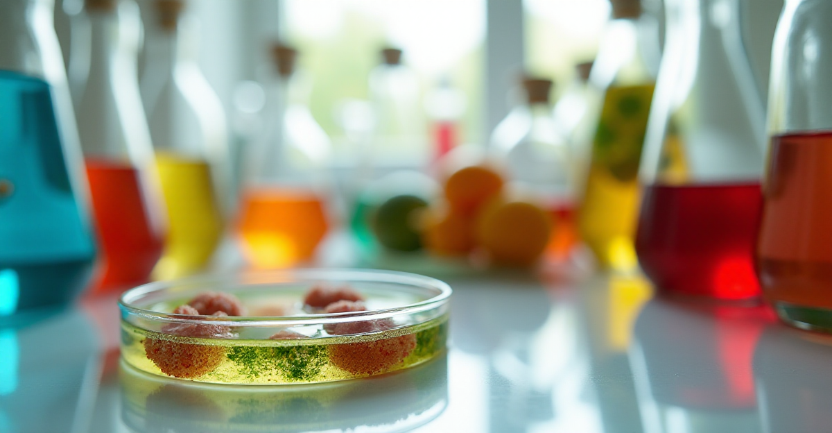 A brightly lit, laboratory setting with beakers and test tubes filled with colorful liquids, representing food chemistry. In the foreground, a petri dish shows the magnified view of microorganisms, some flourishing, others inhibited by a clear solution added to one side. The backdrop includes a close-up view of food items like cured meats, pickled vegetables, and preserved fruits, arranged in glass jars, emphasizing preservation. The overall mood is scientific, clean, and informative, with a focus on showing the microscopic battles of preservation. Use detailed realistic rendering and vibrant colors against a neutral laboratory background, to highlight the chemical interactions and variety in foods and preservation techniques.