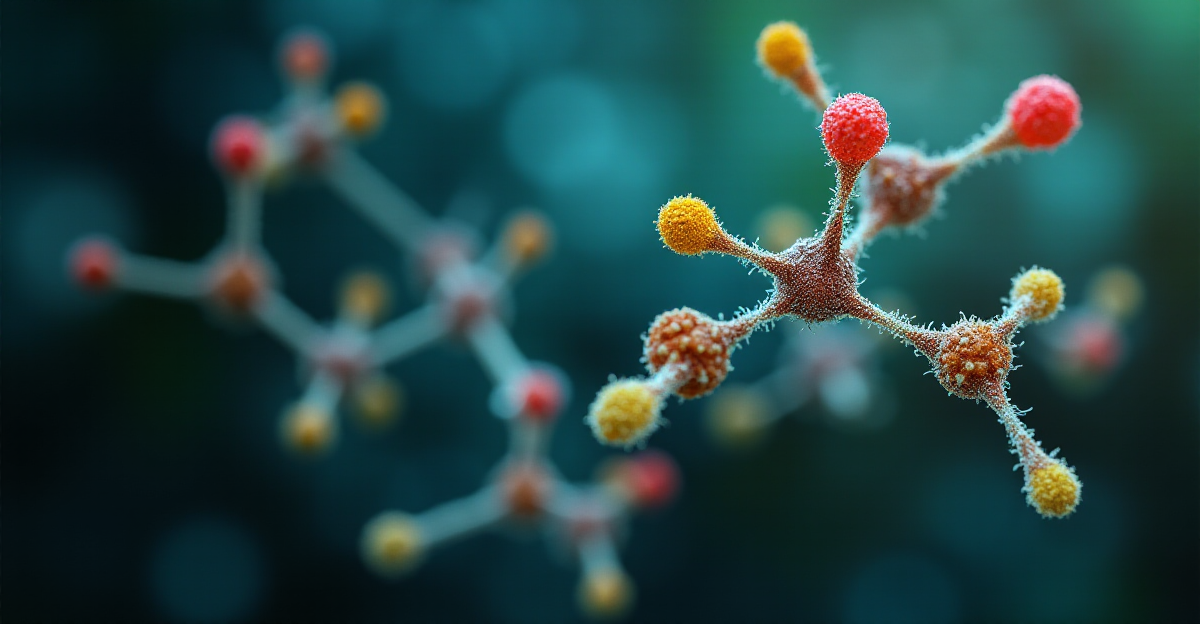 A detailed, close-up view of various molecules, rendered in a translucent, ethereal style, interconnected with fine lines that resemble neural pathways. The molecules should represent common aromatic compounds, with functional groups highlighted in bright, contrasting colors such as vibrant blues, yellows, and greens. Some molecules should be depicted as emanating from natural sources such as coffee beans and flower blossoms, positioned in the background, slightly blurred to emphasize the molecular focus. The overall mood should be scientific yet artistic, with a sense of discovery and wonder at the complexity of nature's aromatic language. The background should transition from a dark, deep blue at the bottom to a lighter, almost white color at the top, creating a sense of depth and clarity. Lighting should be soft and diffused, creating a glow around the molecules and highlighting their intricate structures.